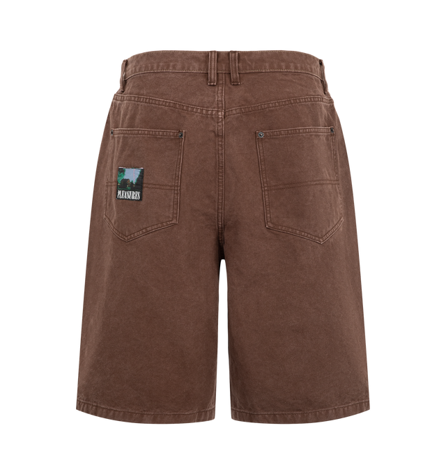Image 2 of 3 - BROWN - Pleasures Men's Ultra Work Shorts are crafted from durable cotton canvas and feature a relaxed, baggy workwear-inspired silhouette. Designed with a zip fly, metal shank button closure, and reinforced metal rivets, the shorts are finished with contrast stitching at the front pockets and a woven logo patch at the back pocket. Main Material: 100% Cotton Canvas. 