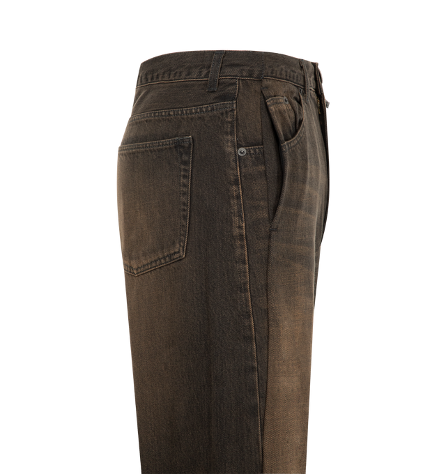 Image 3 of 4 - BROWN - Maison Mihara Yasuhiro Women's Folded 12oz Jeans are crafted from 12-ounce cotton denim and feature a cuffed hem, faded finish, elastic waistband with belt loops and an adjustable drawstring, plus side and back pockets. These designer denim jeans combine relaxed comfort with Maison Mihara Yasuhiro's signature contemporary aesthetic, creating a versatile silhouette for everyday wear. Main Material: 100% Cotton. Made in Japan. 