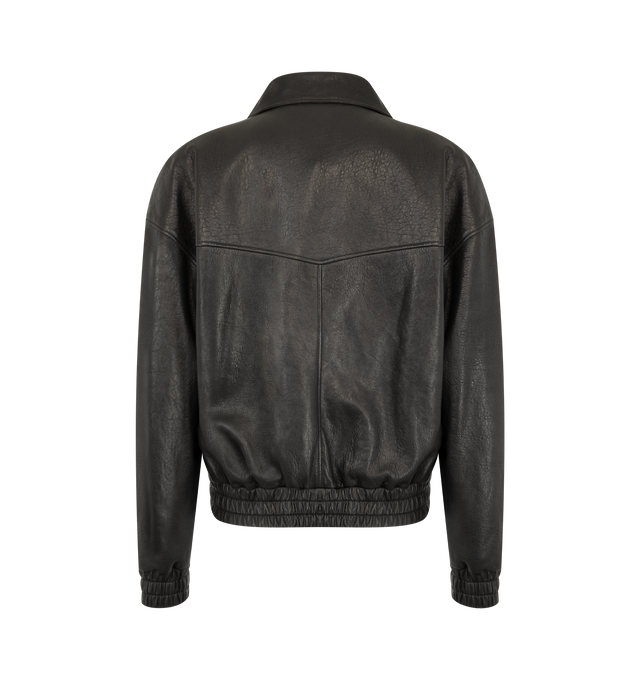 Image 2 of 3 - BLACK - Saint Laurent Mens Leather Jacket is crafted from crinkled grained lamb leather. Features a relaxed fit, high neckline, front zip closure, side welt pockets, interior pocket, elasticized cuffs and hem, and full lining. Main Material: 100% Lamb Leather; Lining: 56% Cotton, 44% Viscose; Pocket Lining: 100% Cotton. Made in Italy. 