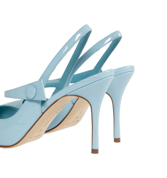 Image 3 of 4 - BLUE - MANOLO BLAHNIK Didion Patent Leather Slingback Pumps featuring pointed toe, slingback, front strap with button closure and stiletto high heel. 90MM. 100% patent calf. Made in Italy. 