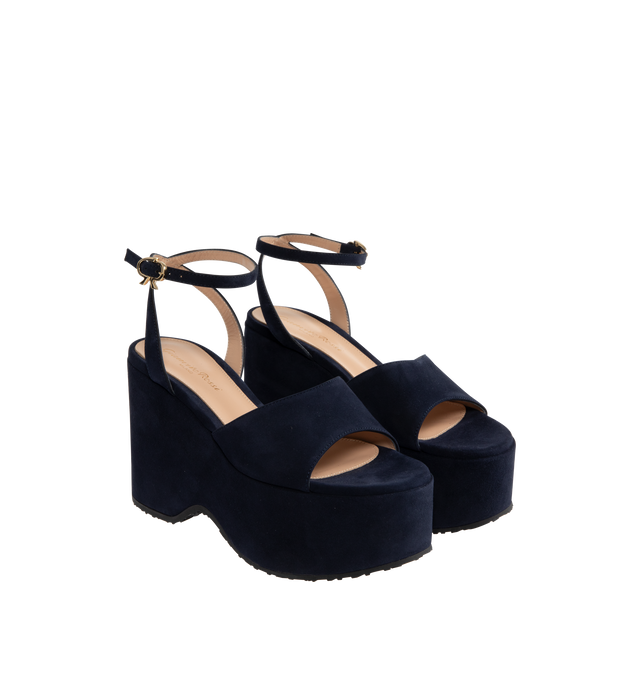 Image 2 of 4 - NAVY - GIANVITO ROSSI Thalia Camoscio featuring round toe ankle strap with buckle, platform wedge measures 110mm at the back of the heel and is completed with a rubber sole. 