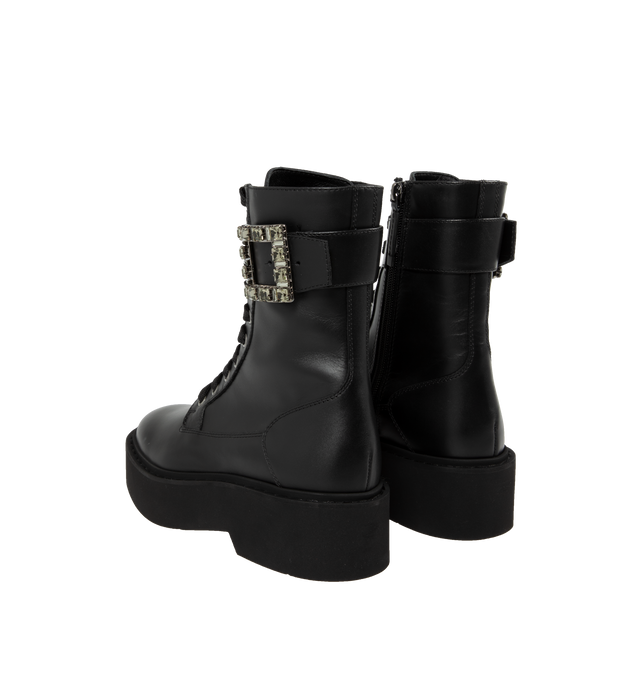 Image 3 of 4 - BLACK - Roger Vivier Viv Rangers Leather Buckle Combat Boots crafted from smooth leather featuring signature pilgrim buckle accent, 1 inch platform heel, round toe, lace-up vamp, side zip closure, leather lining and lug rubber sole. Made in Italy. 