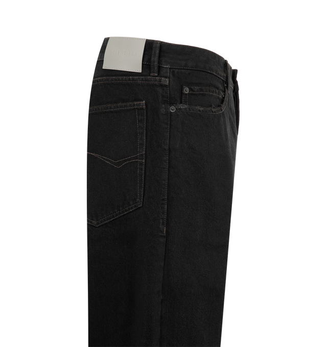 Image 3 of 3 - BLACK - Balenciaga Men's Regular-Fit Jeans are crafted from organic Japanese cotton denim and feature a mid-rise silhouette with a covered zip fly and button closure. Five belt loops, two slash pockets, two back pockets, and a grey leather Balenciaga patch at the back complete the design. Main Material: 100% Cotton. Pocket Lining: 100% Cotton. Leather Detail: Cowskin. Made in Japan. 