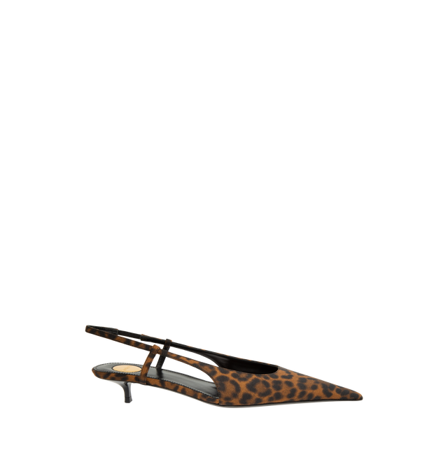 Image 1 of 4 - BROWN - Saint Laurent Women's Secret Slingback Pumps are crafted from leopard-print grosgrain and feature a pointed-toe silhouette, an elasticized slingback strap, and a refined kitten heel. Designed for effortless day-to-evening wear, this elegant style is finished with a leather sole and a round Saint Laurent-engraved metal plaque at the insole. Main Material: Viscose, Lambskin. Sole: Leather. Heel Height: 3 cm / 1.2 in. Made in Italy. 