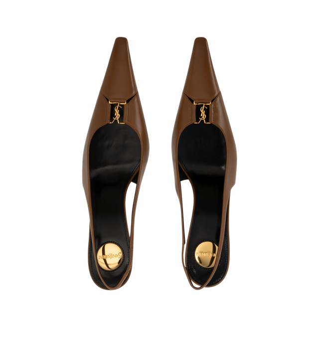 Image 4 of 4 - BROWN - Saint Laurent Womens Slingback Pumps are crafted from lambskin leather. Feature a cut-out elongated toe with signature Cassandre hardware, elasticized slingback strap, low stiletto heel, leather sole, and engraved Saint Laurent insole plaque. Main Material: Lambskin Leather; Hardware: Brass; Sole: Leather. Heel Height: 7.5 CM / 3 Inches Made in Italy. 