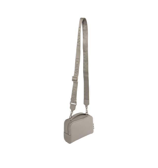 Image 3 of 5 - GREY - Loewe Mini crossbody camera bag in satin calfskin with two zipped compartments anbd debossed LOEWE Anagram patch. Crossbody or hand carry with adjustable and detachable LOEWE webbing strap. Herringbone cotton canvas lining. 