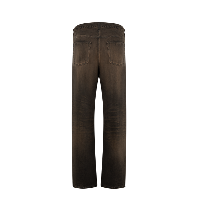 Image 2 of 4 - BROWN - Maison Mihara Yasuhiro Women's Folded 12oz Jeans are crafted from 12-ounce cotton denim and feature a cuffed hem, faded finish, elastic waistband with belt loops and an adjustable drawstring, plus side and back pockets. These designer denim jeans combine relaxed comfort with Maison Mihara Yasuhiro's signature contemporary aesthetic, creating a versatile silhouette for everyday wear. Main Material: 100% Cotton. Made in Japan. 