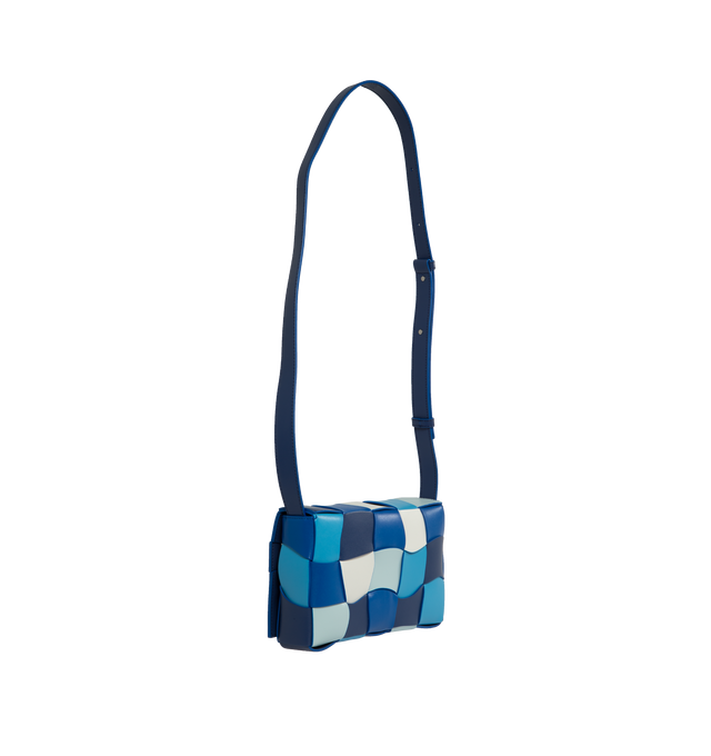 Image 2 of 3 - BLUE - Bottega Veneta waved leather cassette bag with adjustable crossbody strap, magnetic fastening front flap closure, all-over intrecciato weave and unlined interior with one main compartment and flat zipped pocket. 100% Leather. 