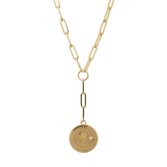 GOLD - FOUNDRAE Karma Classic Fob Clip Extension Chain Necklace featuring 18K gold, 0.02 ct diamond, measures 20" long, 20 mm Medallion, the necklace and drop are Classic FOB Clip at 2.5 links per inch with lobster clasp closure. 