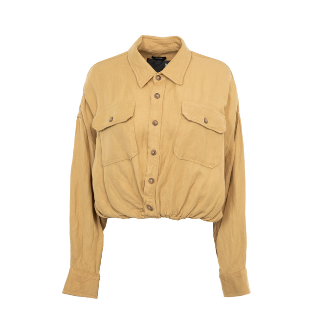 NEUTRAL - R13 Cross-over utility bubble shirt in khaki linen blend fabric featuring an elastic band at the hem and criss-crossed plackets. Buttons at the front are not designed to fully close along the plackets. Viscose/Linen blend. Made in USA. 