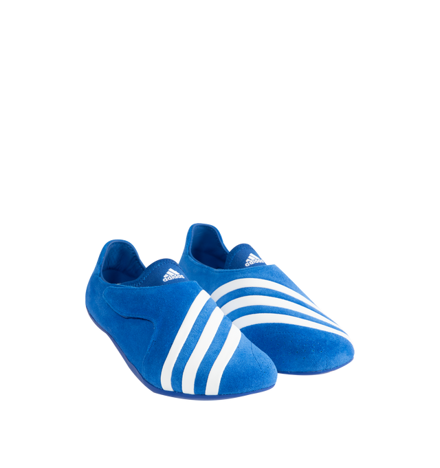 Image 2 of 5 - BLUE - Adidas Mens Pharrell Williams Vario Sneakers are crafted from suede leather. Features a low-profile silhouette, flexible foot-wrap construction, leather and textile lining, EVA foam insole, and thin rubber outsole. Upper: Suede Leather; Lining: Leather and Textile; Insole: EVA Foam; Outsole: Rubber. Made in Vietnam. 