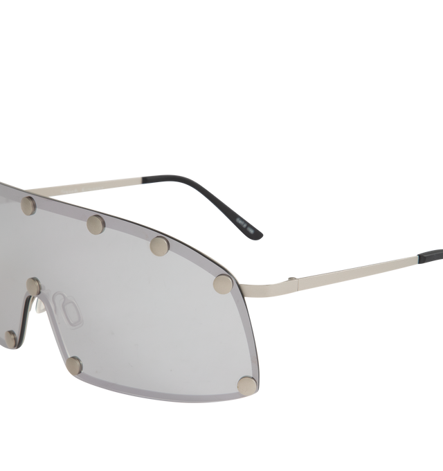 Image 3 of 3 - SILVER - RICK OWENS Steel Shield Sunglasses featuring a surgical steel frame, curved lens with oversized round studs, adjustable rubber nose pads, thin arms and curved, capped temple tips. Steel/nylon. 100% UVA/UVB protection. Made in Italy. 