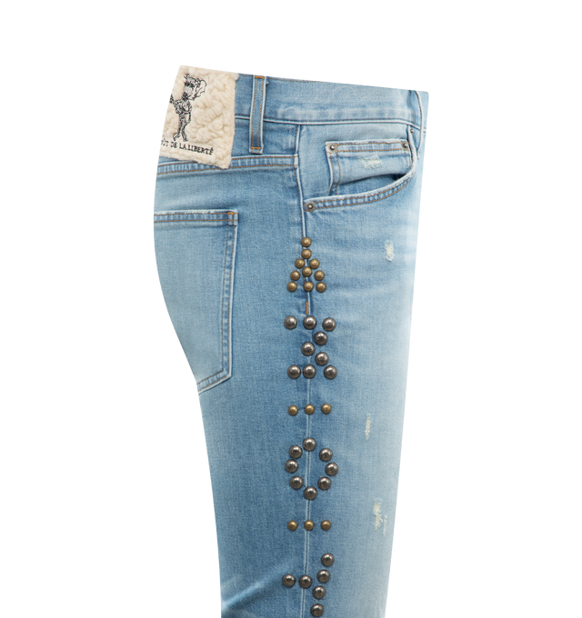 Image 3 of 3 - BLUE - COUT DE LA LIBERTE Jimmy Sioux Denim Motor Embellished Flare Jeans featuring button front closure, 5 pocket styling, studs embellishment and flared hem. 98% cotton, 2% elastane. Made in USA. 