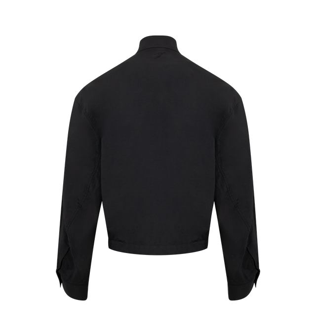 Image 2 of 3 - BLACK - JACQUEMUS Curvo Jacket featuring short fitted shape, lightweight technical fabric, asymmetric buttoned stand collar, rounded long sleeves with buttoned cuffs, buttoned welt chest pocket, fitted buttoned waistband, J" embroidery on the the back and Mother-of-pearl buttons. 96% polyamide, 4% polyurethane. Made in France. 
