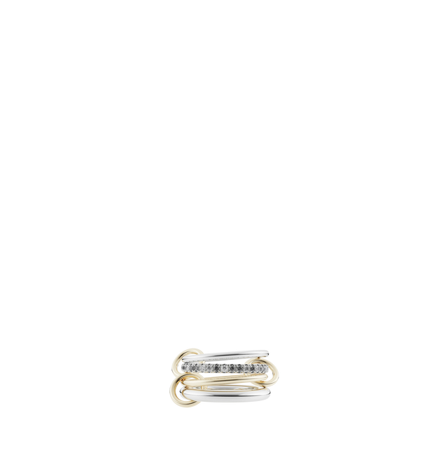 Image 1 of 1 - SILVER - Spinelli Kilcollin Nimbus ring is comprised of 4 linked bands crafted from .925 sterling silver and 18k yellow gold, featuring a pav band set with hand-selected gray or white diamonds. Complimented by an array of matching connectors, the Nimbus can be worn spread across multiple fingers or stacked as a structural whole. Each Nimbus is individually handmade in Los Angeles. Bands: .925 sterling silver, 18k yellow gold, 1.7mm gauge .925 sterling silver band, 2.3mm gauge .925 sterling si 