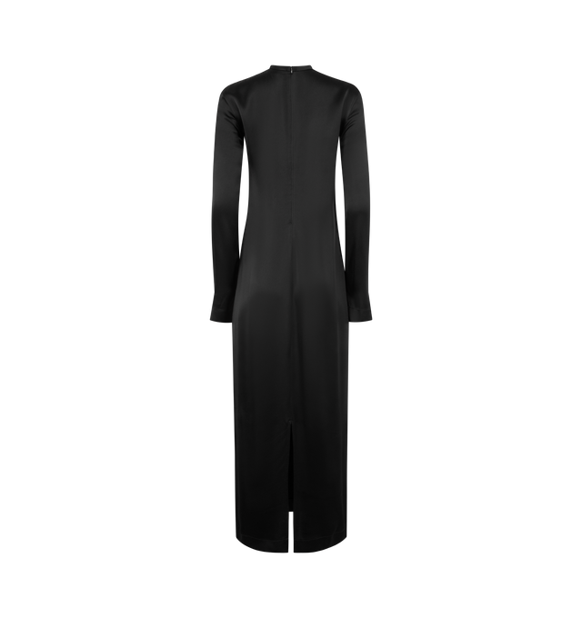 Image 2 of 2 - BLACK - TOTEME Long Satin Dress featuring slim fit, long-sleeve, floor-length occasion dress in lustrous and fluid satin, with a minimalist crew neck, concealed back zipper and back slit. 100% FSC viscose. 