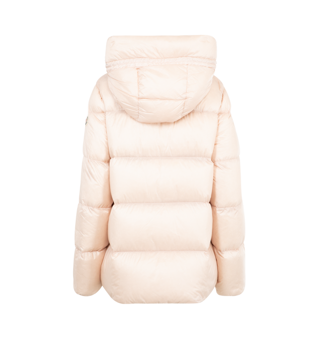 Image 2 of 3 - PINK - MONCLER Serittes Hooded Short Down Jacket featuring recycled longue saison lining, down-filled, adjustable hood with recycled microfiber lining, zipper closure, pockets with button closure and logo patch. 100% polyamide/nylon. Padding: 90% down, 10% feather. 