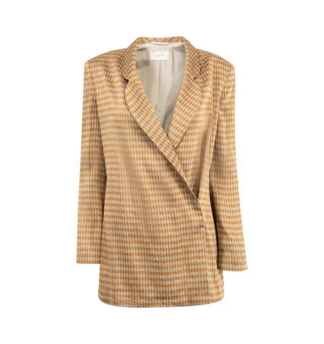 Image 1 of 3 - ORANGE - THE ROW Jeremiah Jacket featuring streamlined double-breasted blazer in tropical linen suiting with rounded notched lapels, side welt pocket, and single horn button closure with single interior button. 70% linen, 30% viscose. Lined in 100% silk. Made in Italy. 