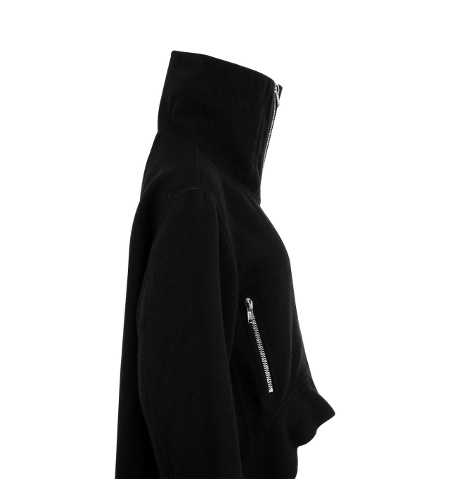 Image 3 of 3 - BLACK - RICK OWENS Exploder Jacket featuring heavyweight boiled virgin wool, RWS-certified virgin wool, extended funnel neck, zip closure, zip pockets at front, curved droptail hem, zip expansion panel at cuffs and partial cotton twill lining. 100% virgin wool. Made in Italy.  