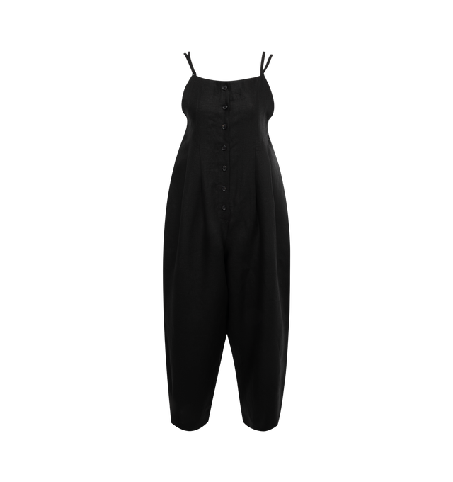 Image 1 of 2 - BLACK - BODE Linen Gardner Jumpsuit featuring button front, double tank straps, loose fit and tapered hem. 100% cotton.  