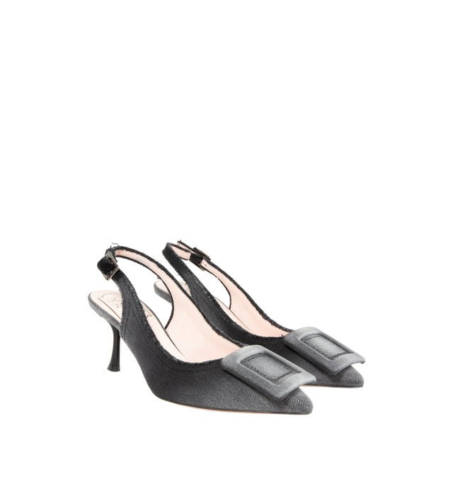 Image 2 of 4 - BLACK - ROGER VIVIER Fringed Denim Buckle Slingback Pumps featuring pointed toe, signature covered pilgrim buckle, adjustable slingback strap and leather outsole. 65MM. Lining: leather. Made in Italy. 