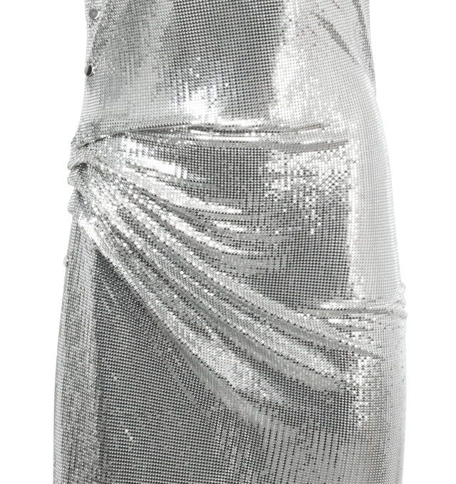 SILVER - RABANNE Draped Mesh Dress featuring draped mesh that is held together by tonal snap buttons, semi-sheer, relaxed fit from the hip down and mid-weight material. 77% viscose, 16% polyester, 7% elastane. Made in France.