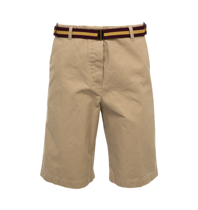 BROWN - DRIES VAN NOTEN Belted Long Shorts featuring a striped belt at the waist, mid-rise, sits high on hip, button and zip fly, belt loops, side slip pockets, back welt pockets, straight legs and cropped fit. 100% cotton. Made in Romania.