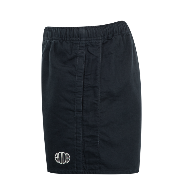 Image 3 of 3 - BLACK - Bode Elastic Waist Field Shorts have an elastic waistband, side pockets, a short inseam, and wide leg openings. 100% cotton. Made in India.  