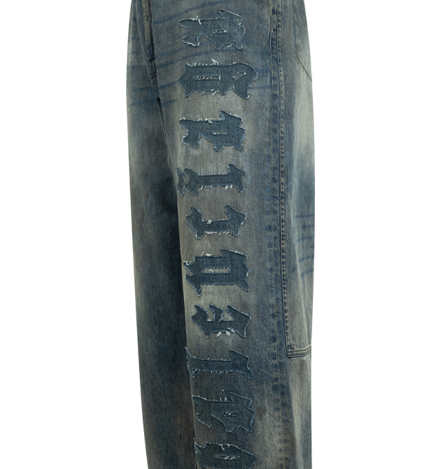 Image 3 of 4 - GREY - BALENCIAGA Minimal Baggy Pants featuring cotton denim, washed and worn-out effect, mid-waist, covered zip fly, 5 belt loops, 3 front pockets, 2 back yokes with inside pockets, Balenciaga engraved flex button, Balenciaga Jeans patch at back and gothic denim artwork patch on left leg. 100% cotton. Made in Italy. 