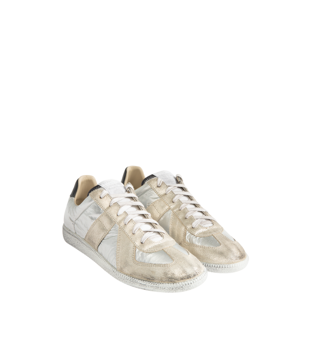 Image 2 of 5 - WHITE - MAISON MARGIELA Replica Sneakers featuring low-top, buffed nappa calfskin and calfskin suede, distressed throughout, lace-up closure, concealed elasticized gussets at vamp, logo patch at padded tongue, padded collar, white stitching at heel tab and treaded rubber sole. Upper: calfskin. Sole: rubber. Made in Italy. 