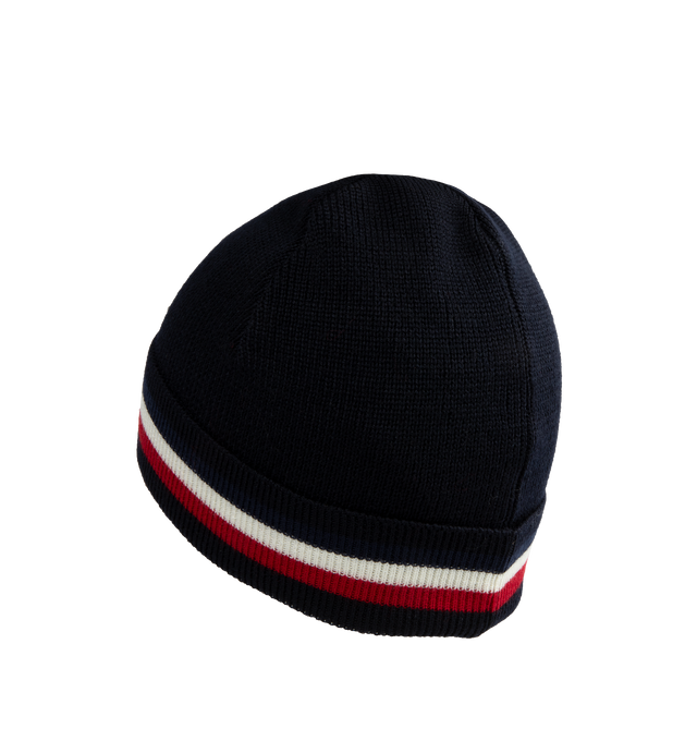 Image 2 of 2 - NAVY - MONCLER Tricolor Wool Beanie featuring ultrafine wool, stocking-stitch, gauge 7 and foldover brim with logo. 100% virgin wool. 