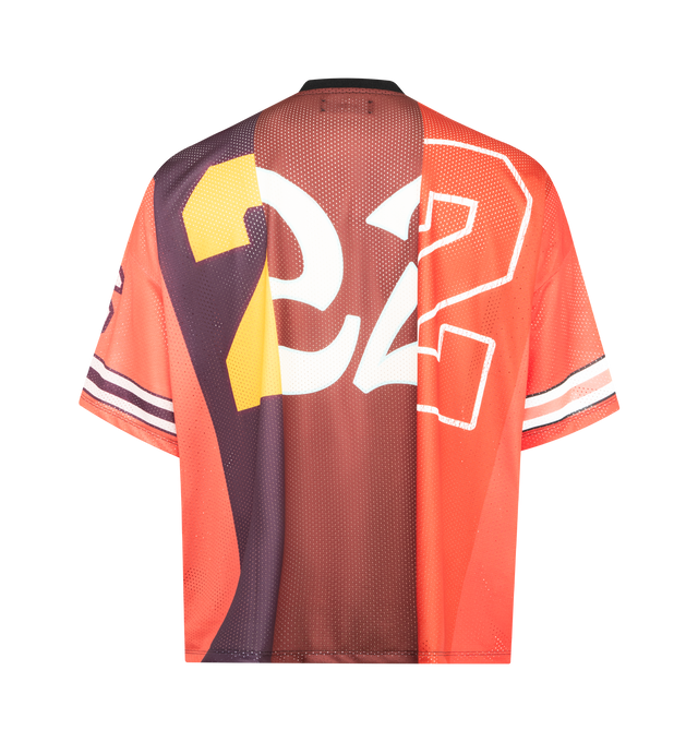 Image 2 of 2 - RED - AMIRI Spliced Oversized Mesh T-shirt featuring paneled construction, stripes throughout, rib-knit V-neck, logo graphics printed at front, dropped shoulders, text printed at sleeves and back and stripes at sleeves. 100% polyester. Trim: 96% polyester, 4% elastane. Made in Italy. 