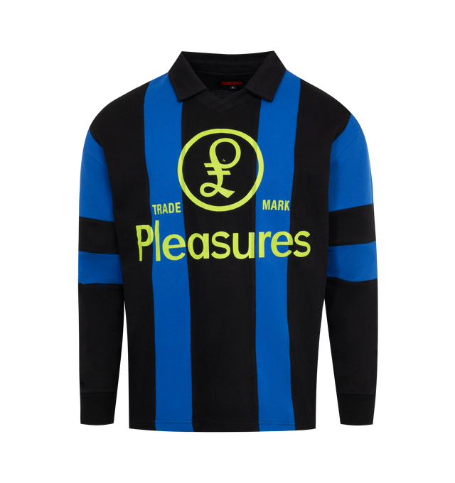 BLUE - PLEASURES Trespassing Rugby Polo featuring thick striped pattern, spread collar, ribbed cuffs and Pleasures branding across the front. 100% cotton.