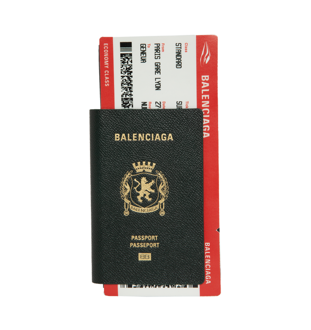 Image 1 of 3 - BLACK - BALENCIAGA Passport Long Wallet featuring semi matte soft textured calfskin, long wallet, Balenciaga logo and one trompe l'il ticket printed at front, 1 zipped coin purse, 2 bill pockets and 6 card slots. L3.9 x H7.9 x W0.6 inches. Calfskin, cellulose, polyurethane. Made in Italy. 