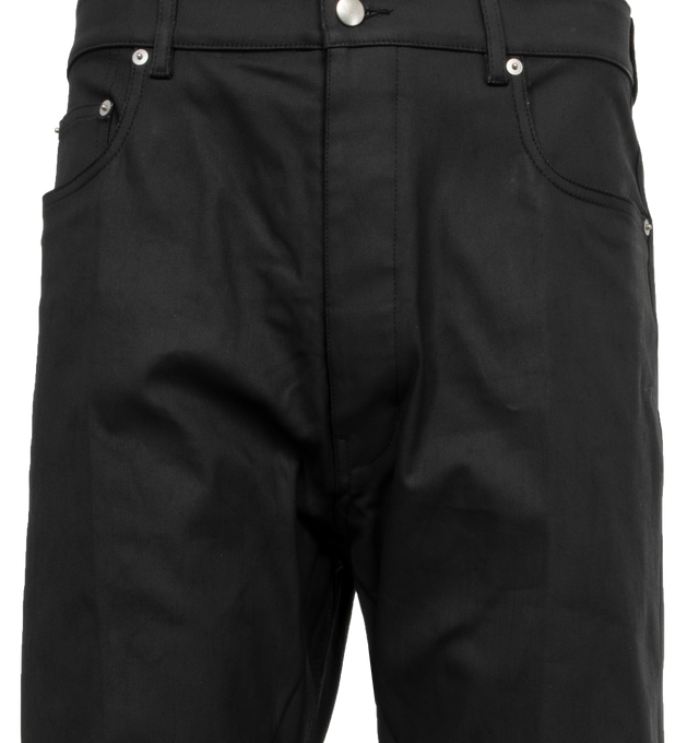 Image 4 of 4 - BLACK - RICK OWENS Denim Geth jeans in black stretch denim. Featuring a full-length, low-rise, wide-leg fit, 5 pocket stylewith silver button fly, belt loops and pocket rivets. Crafted from lightweight stretch denim covered with a matte and dry chalk coating. 91% cotton, 6% elastomultiester, 3% rubber with 100% cotton pocket lining.  