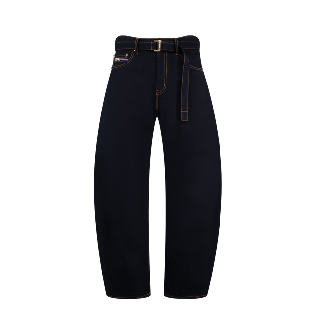 Image 1 of 3 - BLUE - Sacai Mens Dark Denim Pants are crafted from a dark wash denim cotton. Featuring a barrel-leg silhouette, belted waistband, zip fly with button closure, side pockets, and back welt pockets. Main Material: Cotton. Made in Japan. 