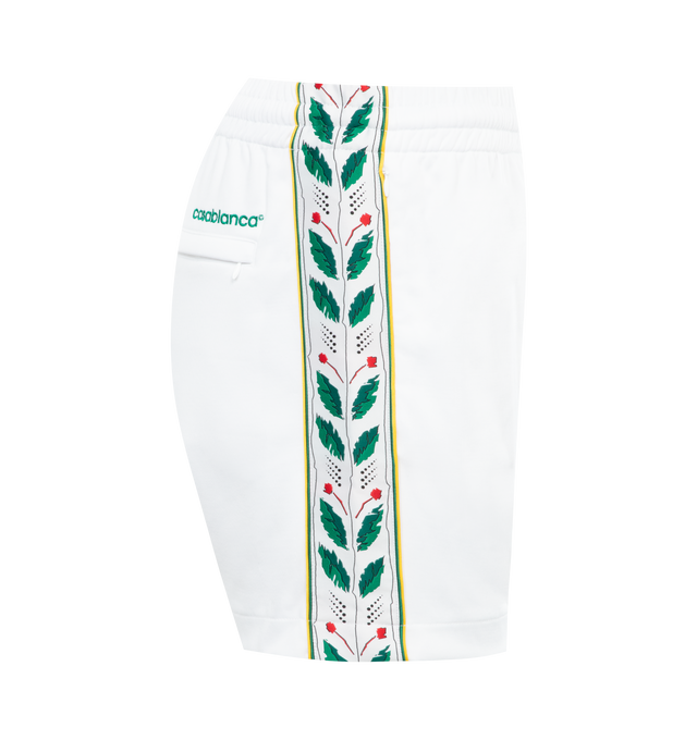 Image 3 of 3 - WHITE - CASABLANCA  Seasonal Laurel Track Shorts featuring 2 side pockets, back pocket, drawstring fastening and regular fit. 53% polyester, 47% cotton. 