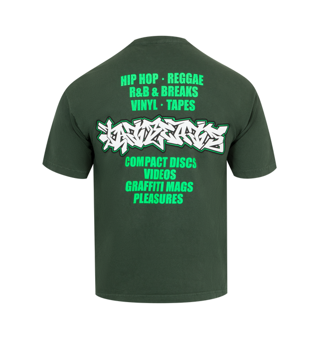 Image 2 of 2 - GREEN - PLEASURES Melrose Tee featuring short sleeves, crew neck, boxy fit and printed graphic at front and back. 100% cotton.  