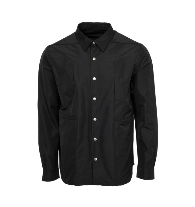 Image 1 of 3 - BLACK - RICK OWENS Fogpocket Overshirt featuring front snap closure, hidden placket, point collar, long sleeves, chest vertical welt pockets and curved hem. 100% cotton. Made in Italy. 