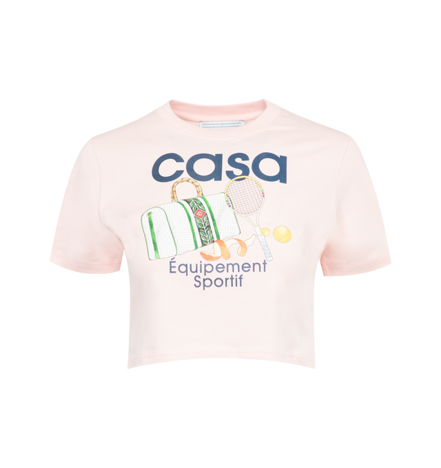 PINK - CASABLANCA Equipement Sportif Printed Baby T-Shirt featuring crew neckline, short sleeves, cropped at the midriff and pullover style. 96% cotton, 4% elastane. Made in Portugal.