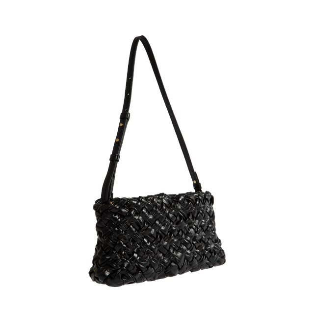 Image 2 of 3 - BLACK - BOTTEGA VENETA Kalimero Cha-Cha Foulard Intreccio leather clutch bag with detachable and adjustable strap. Features one main unlined compartment, detachable and adjustable leather strap, zip closure, brass-tone hardware. 100% Calfskin. Height 5.5" X  Width 9.8". Strap drop 8.7".  Made in Italy. 