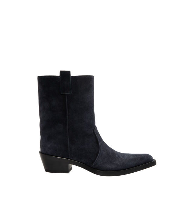 Image 1 of 4 - NAVY - Khaite Women's Clive Ankle Boots are crafted from hand-worked split-suede calfskin in midnight navy. Inspired by Western styles, the ankle-high silhouette features a snipped toe, deliberately tilted shaft, stitched welt, and stacked patinated-leather heel. Upper: 100% Calfskin. Sole: 100% Calfskin. Heel Height: 3.5 cm / 1.4 in. Made in Italy. 