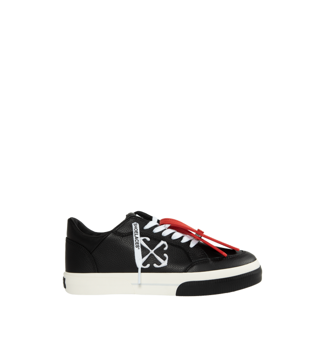 BLACK - OFF-WHITE  New Low Vulcanized low-top sneakers constructed from leather, suede and cotton panels with an embroidered arrow logo, vulcanized rubber sole, "ZIP TIE" tag and chunky laces branded with signature quote. Sole: 100% Rubber, Outer: 40% Leather /  60% Cotton, Lining: 60% Cotton / 40% Leather.