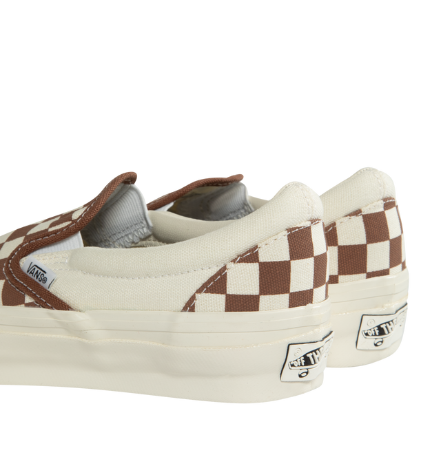 Image 3 of 5 - BROWN - VANS 98 LX Sneakers featuring low-top, slip-on, check pattern printed throughout, elasticized gussets at vamp, padded collar, logo flag at outer side, rubber logo patch at heel, partial leather and canvas lining, textured rubber midsole and treaded rubber sole. Upper: textile. Sole: rubber. Made in Philippines. 