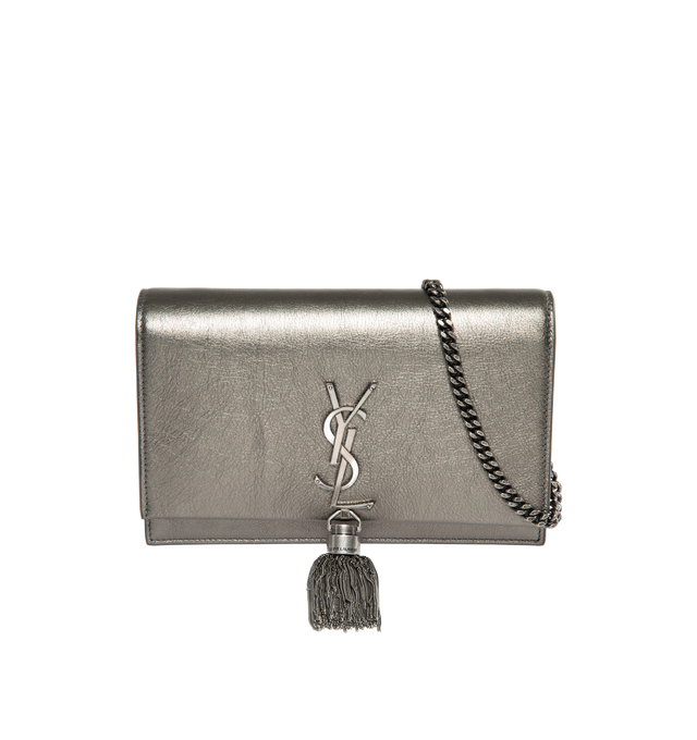 SILVER - SAINT LAURENT Kate Chain Wallet in Metallic Leather featuring tassel, removable leather and chain shoulder strap, snap closure and silver toned hardware. 7.4 X 4.9 X 1.5 inches. 70% calfskin leather, 30% metal. 