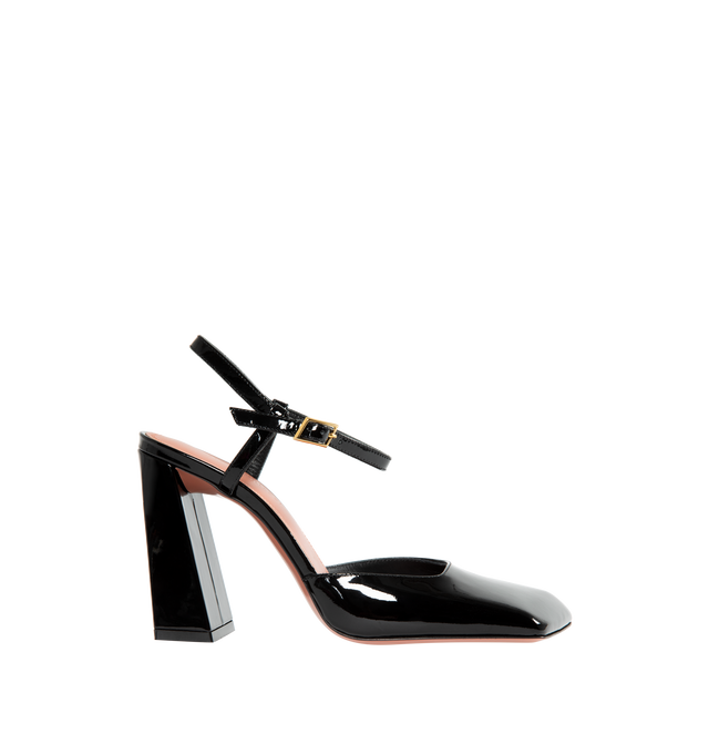BLACK - AMINA MUADDI Charlotte Patent Pumps featuring buckle-fastening ankle strap, branded insole, high block heel and square toe. 95MM. 100% patent calf leather.