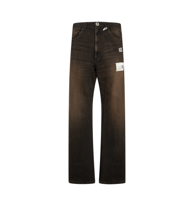 Image 1 of 4 - BROWN - Maison Mihara Yasuhiro Women's Folded 12oz Jeans are crafted from 12-ounce cotton denim and feature a cuffed hem, faded finish, elastic waistband with belt loops and an adjustable drawstring, plus side and back pockets. These designer denim jeans combine relaxed comfort with Maison Mihara Yasuhiro's signature contemporary aesthetic, creating a versatile silhouette for everyday wear. Main Material: 100% Cotton. Made in Japan. 