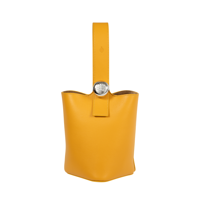 YELLOW - LOEWE Mini Pebble Bucket Bag featuring magnetic closure, internal pocket, bonded suede lining, anagram engraved Pebble, crossbody, shoulder or hand carry and adjustable and removable strap. 7.7 x 6.3 x 6.3 inches. Mellow Calf. Made in Spain. 