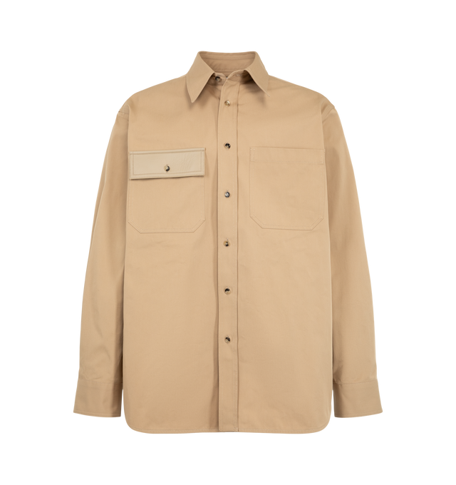 Image 1 of 2 - NEUTRAL - Bottega Veneta Men's Leather Pocket Shirt is crafted from cotton gabardine and features a structured silhouette with a distinctive leather front pocket. Designed with a point collar and front button closure, it combines everyday functionality with refined detailing. Main Material: 100% Cotton. Details: Leather front pocket. Made in Italy. 