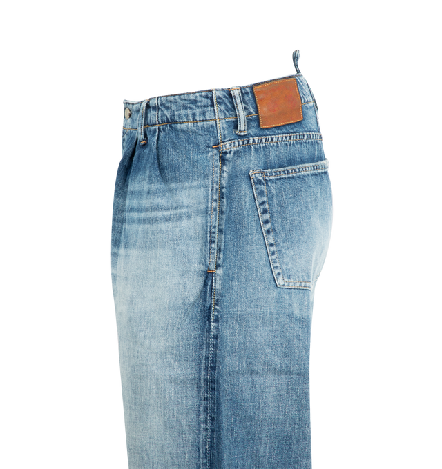 Image 4 of 4 - BLUE - FULLCOUNT Wide Tuck Hakama Denim featuring 11.5oz original selvedge denim, wide leg, 4 pockets, button closure and attached belt. 100% cotton.  